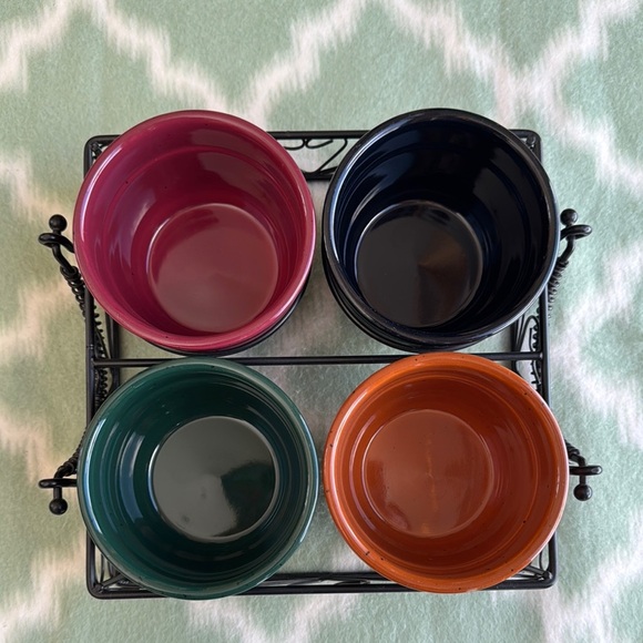 4 stoneware snacks or dipping Bowls with black Metal Holder - Picture 2 of 12
